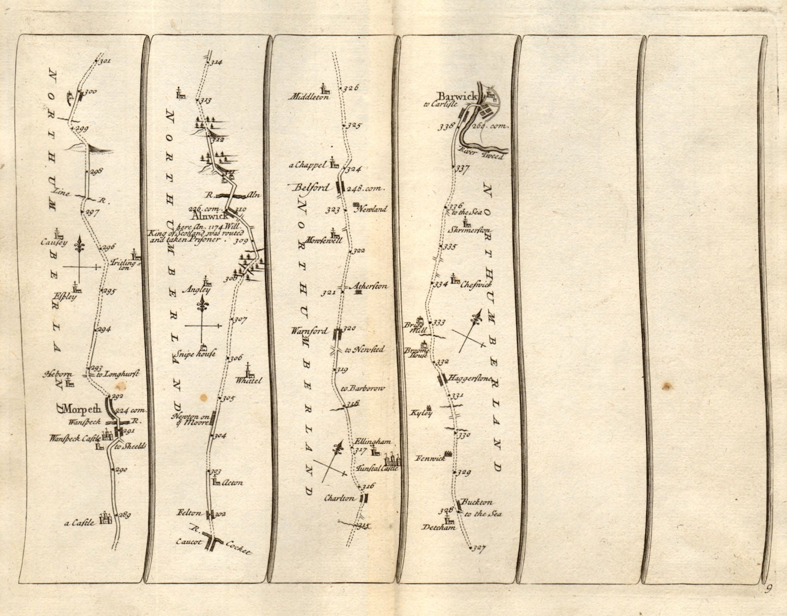 Morpeth Newton/Moor Alnwick Belford Berwick-upon-Tweed SENEX #9 road map 1719